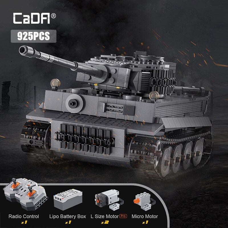 CADA C61071 925pcs City Remote Control Ww2 Military Army Tiger Tank Building Blocks Weapon Bricks RC Vehicle Toys Gifts Children Boys [with Motor]