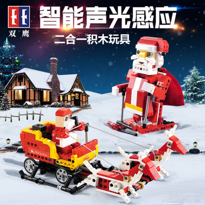 DoubleE C51034 439Pcs Intelligent Sound And Light Sensor Santa Christmas Sleigh Car Building Blocks Brick Gift From China