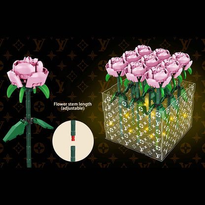 MOC 1304-1 Pink Rose Box With 9 Pink Rose Flower Buidling Blocks (Light Part+Ribbon+UV Sticker) Ship From China.