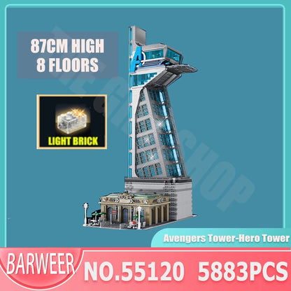 MOC 55120 Hero Tower Iron Tower Man Base Model with LED Light Building Block Hot Spring House 5883pcs Bricks Toy Ship From Europe 3-7 Days Delivery