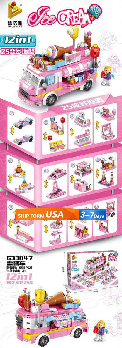 PANLOS 633047 Girl Series Ice Cream Truck 12-in-1 Street View Children's Puzzle Assembly Building Block Toys Ship From China