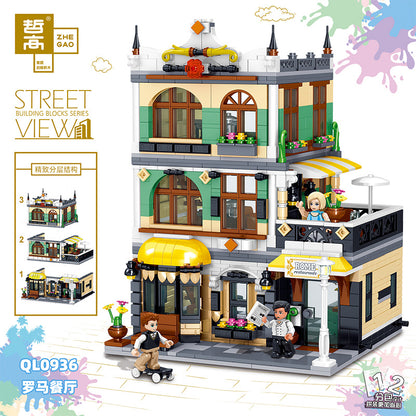 ZHEGAO QL0936 Creator MOC Street View Series Rome Restaurants Building Blocks Ship From China