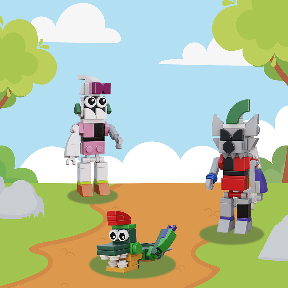 MOC FNAF shattered Glamrock Monty Montgomery Gator Glamrock Roxy Roxanne Wolf Glamrock Chica