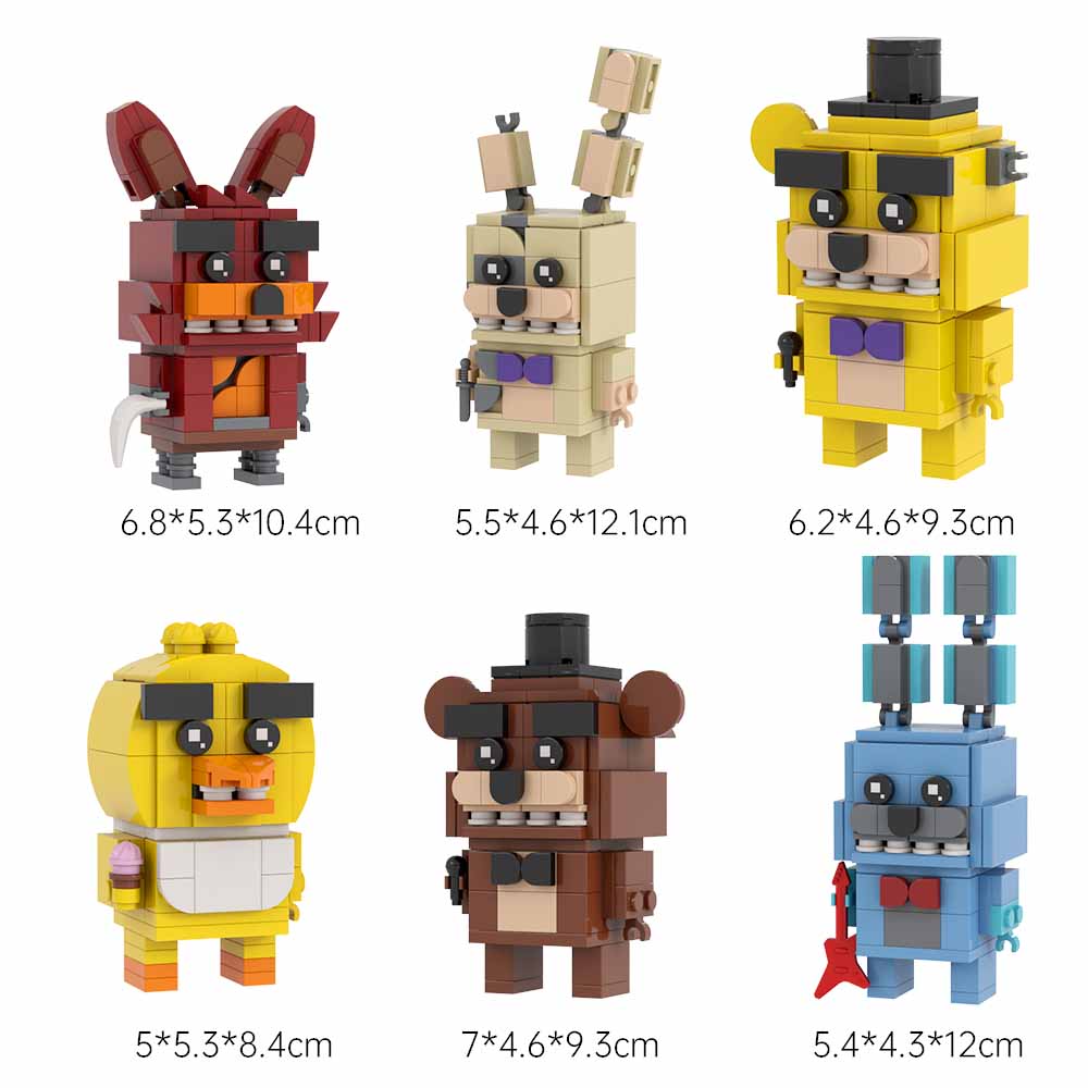 MOC FNAF Freddy Fazbear, Chica and Cupcake, Bonnie, Foxy, Golden Freddy, and Springtrap