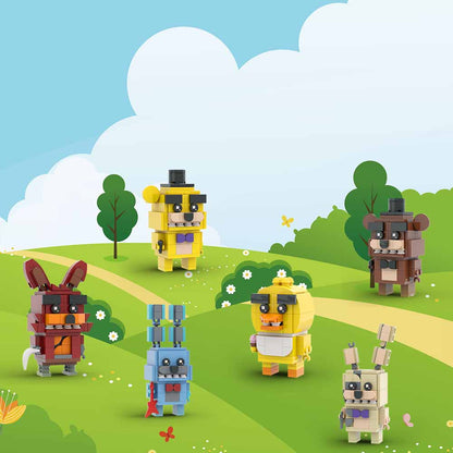 MOC FNAF Freddy Fazbear, Chica and Cupcake, Bonnie, Foxy, Golden Freddy, and Springtrap